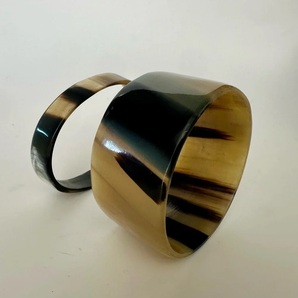 2 Vintage Natural Horn Bangle Handcrafted Bracelets, Brown Beige Black, Set